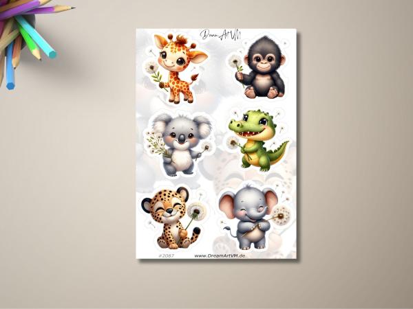 Süße Tieraufkleber - Giraffe, Gorilla, Koala, Krokodil, Gepard und Elefant mit Pusteblumen. Perfekt für Kinderzimmerdekoration oder Bastelprojekte.